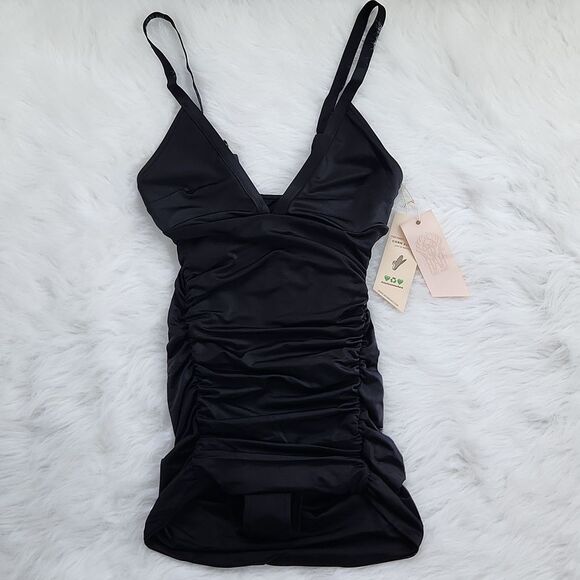 We Are HaH It Suits U Black Convertible One Piece 2in1 Ruched Dress Swimsuit XS - Picture 2 of 9